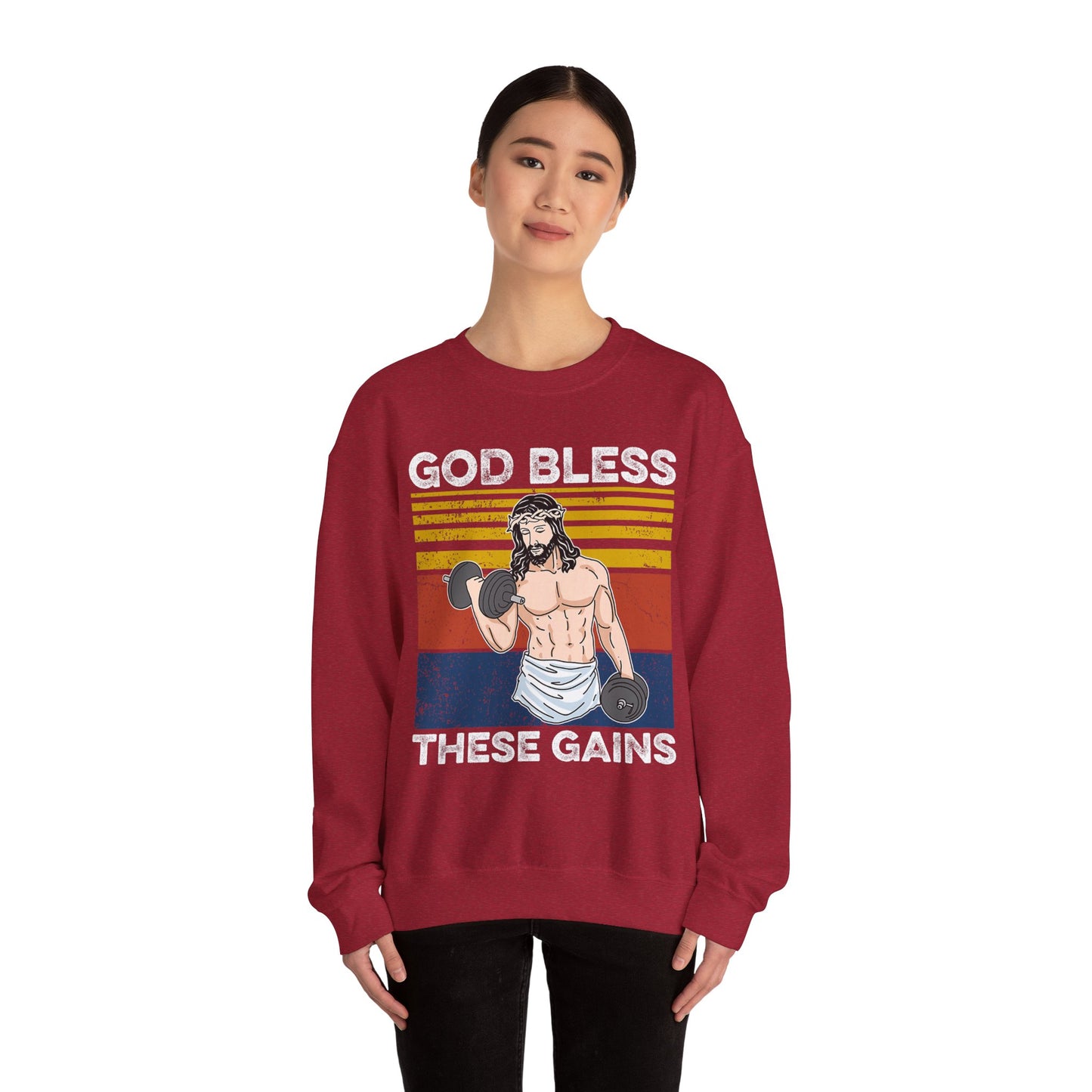 Fitness Enthusiast Crewneck Sweatshirt, God Bless These Gains, Unisex Workout Apparel, Funny Gym Sweatshirt, Gift for Him/Her, Relaxed Style