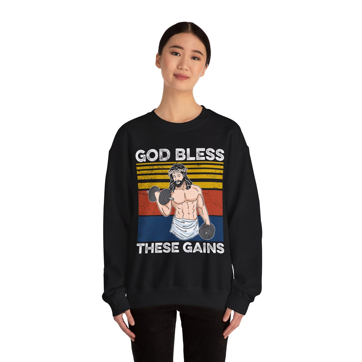 Fitness Enthusiast Crewneck Sweatshirt, God Bless These Gains, Unisex Workout Apparel, Funny Gym Sweatshirt, Gift for Him/Her, Relaxed Style