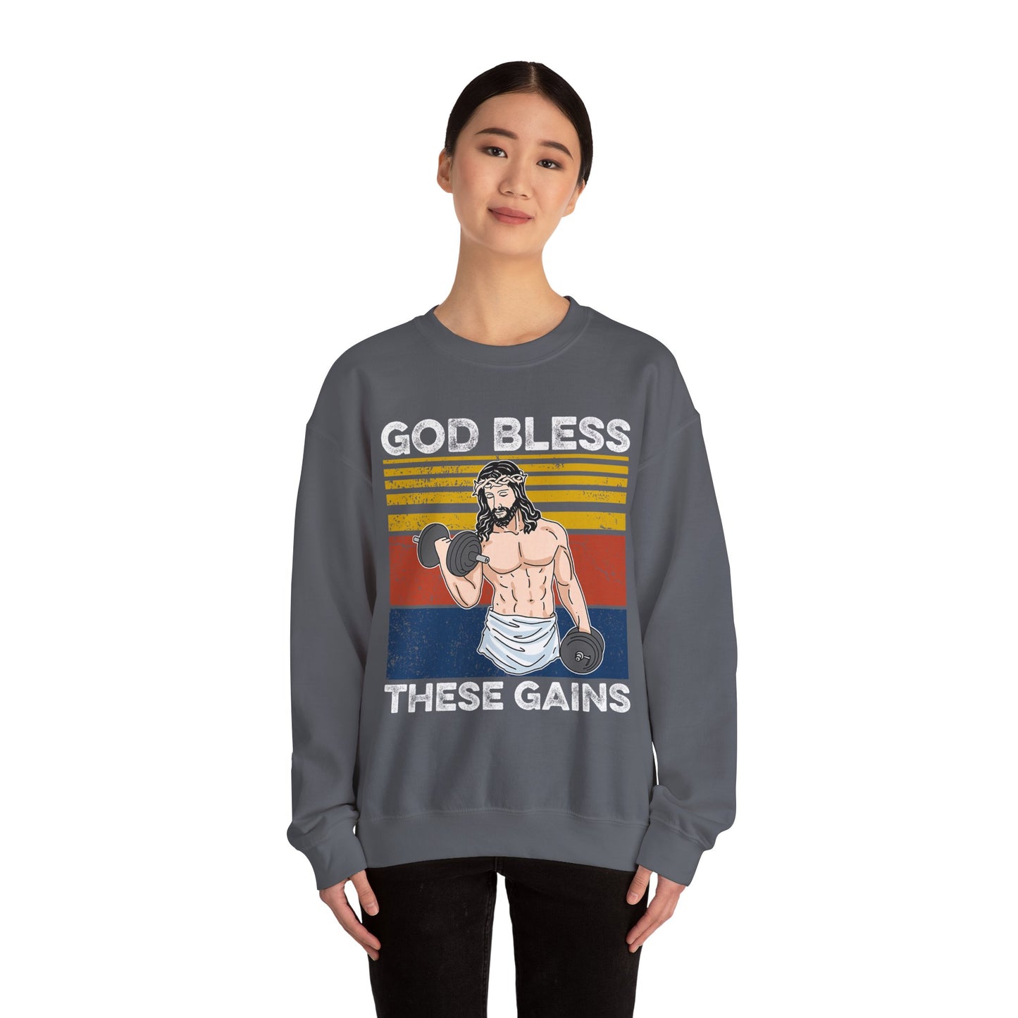 Fitness Enthusiast Crewneck Sweatshirt, God Bless These Gains, Unisex Workout Apparel, Funny Gym Sweatshirt, Gift for Him/Her, Relaxed Style