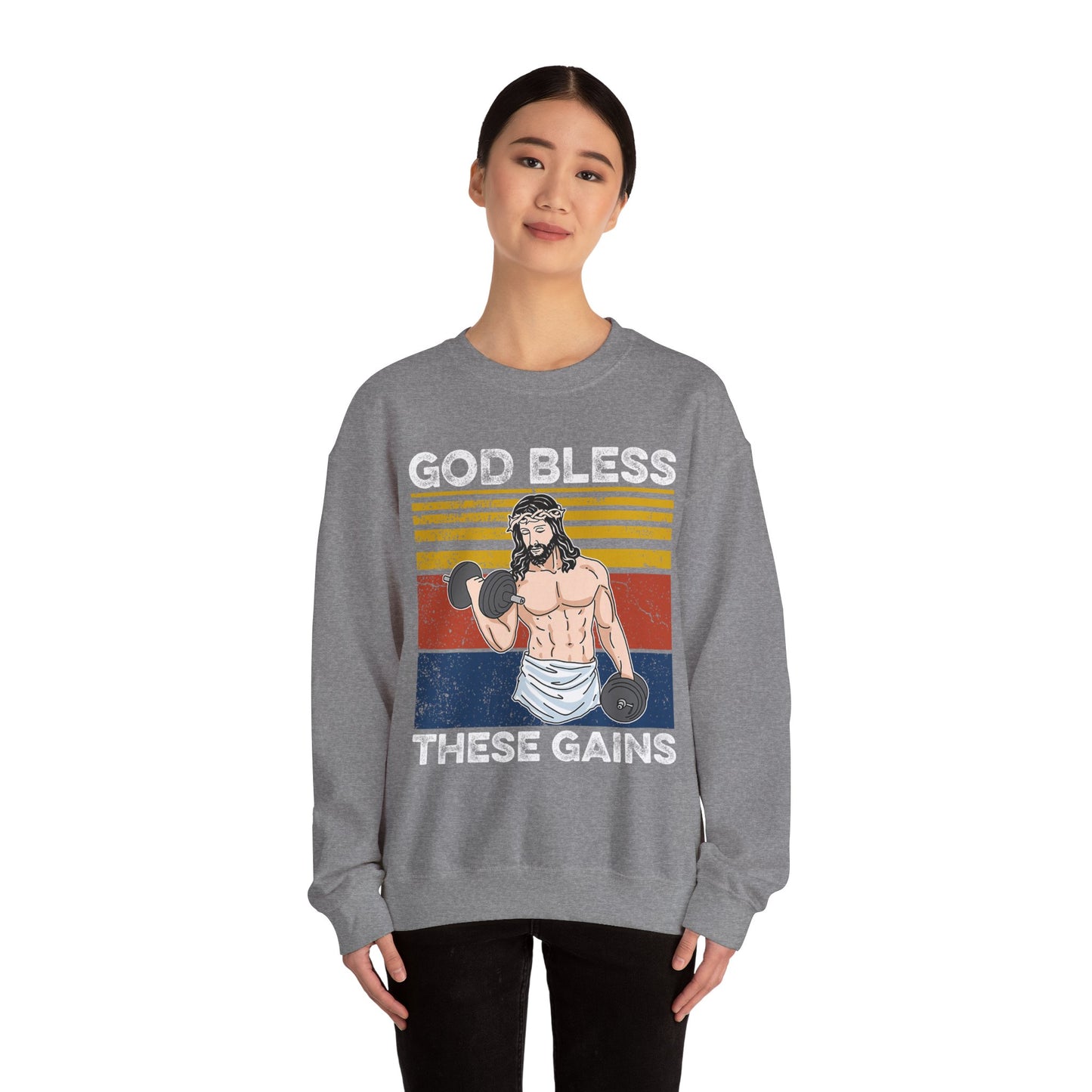 Fitness Enthusiast Crewneck Sweatshirt, God Bless These Gains, Unisex Workout Apparel, Funny Gym Sweatshirt, Gift for Him/Her, Relaxed Style
