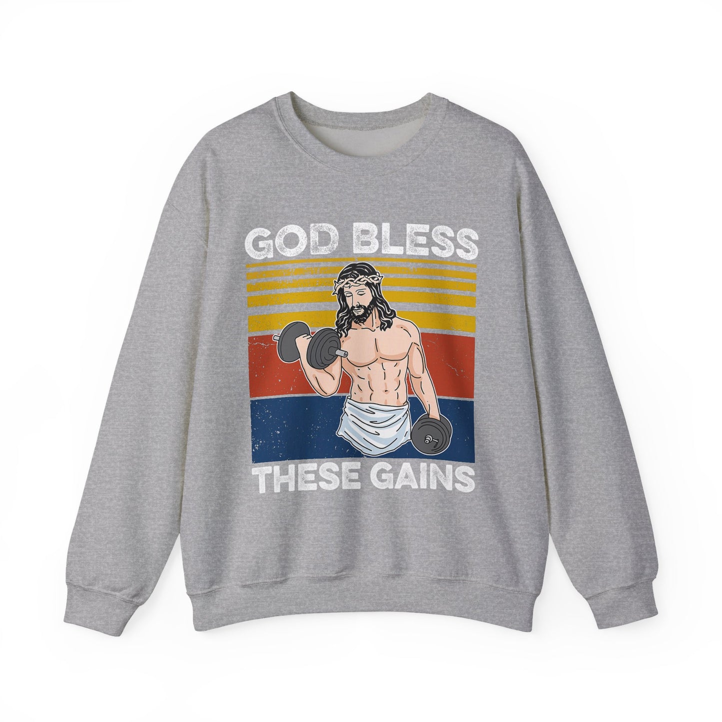 Fitness Enthusiast Crewneck Sweatshirt, God Bless These Gains, Unisex Workout Apparel, Funny Gym Sweatshirt, Gift for Him/Her, Relaxed Style