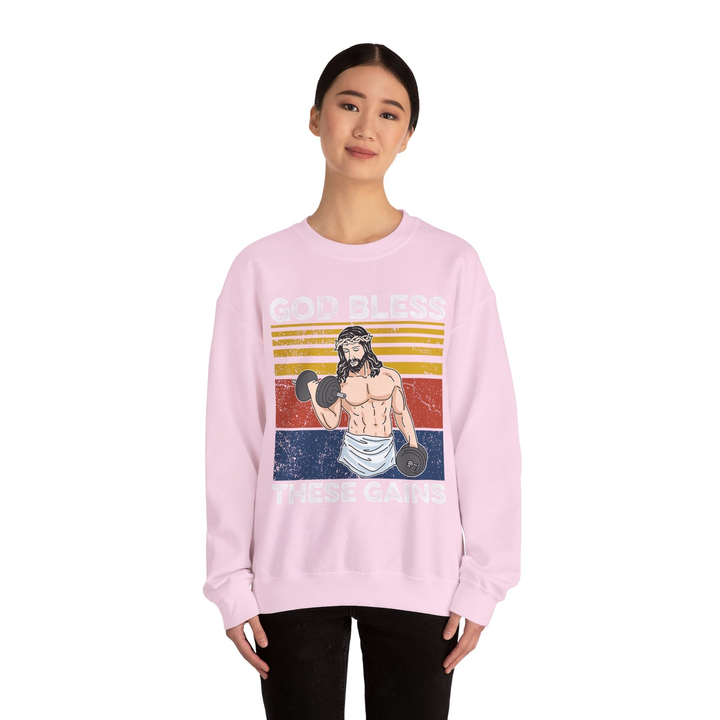 Fitness Enthusiast Crewneck Sweatshirt, God Bless These Gains, Unisex Workout Apparel, Funny Gym Sweatshirt, Gift for Him/Her, Relaxed Style