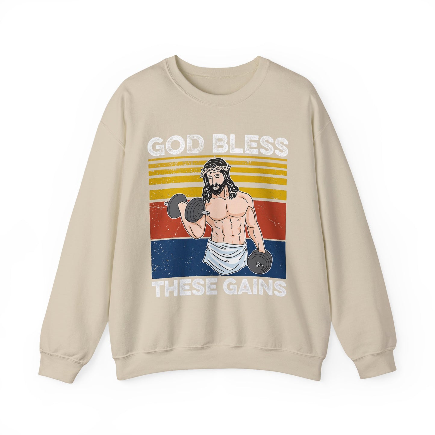 Fitness Enthusiast Crewneck Sweatshirt, God Bless These Gains, Unisex Workout Apparel, Funny Gym Sweatshirt, Gift for Him/Her, Relaxed Style