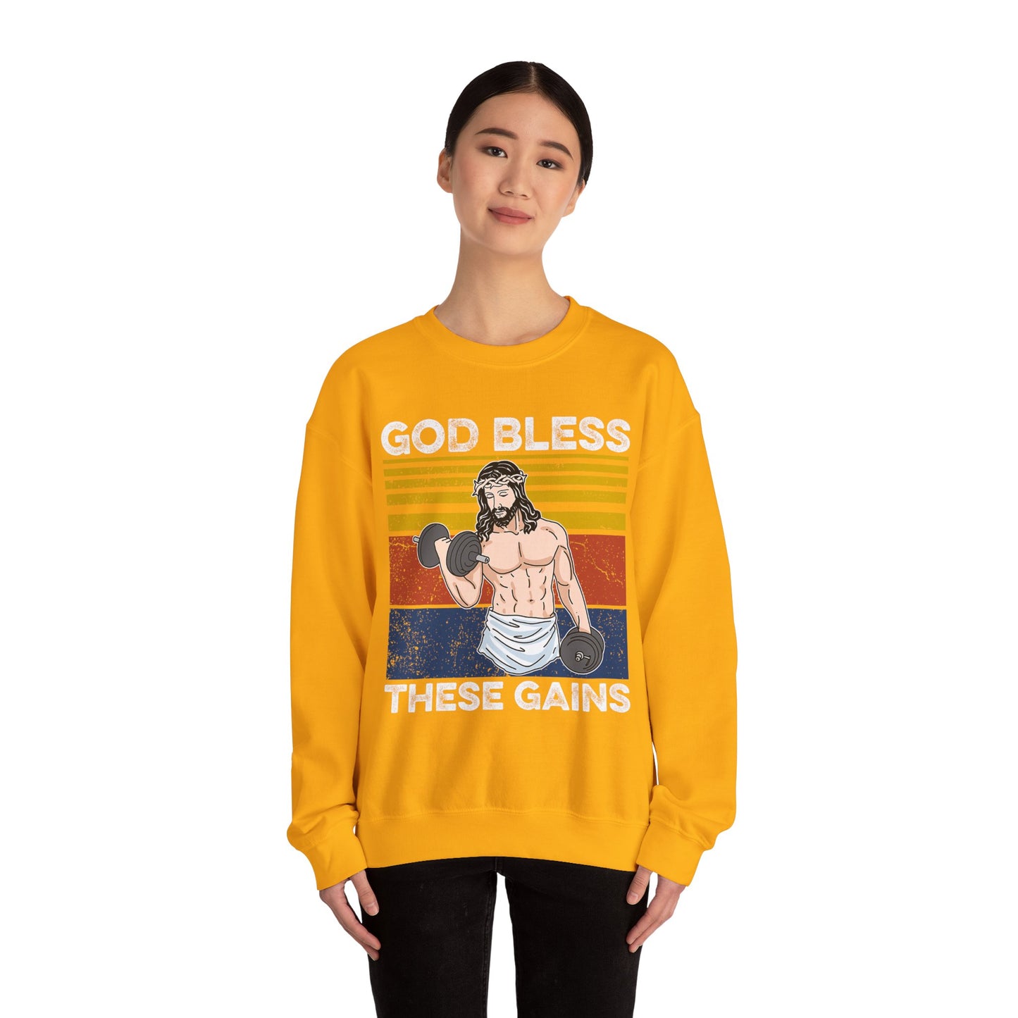 Fitness Enthusiast Crewneck Sweatshirt, God Bless These Gains, Unisex Workout Apparel, Funny Gym Sweatshirt, Gift for Him/Her, Relaxed Style