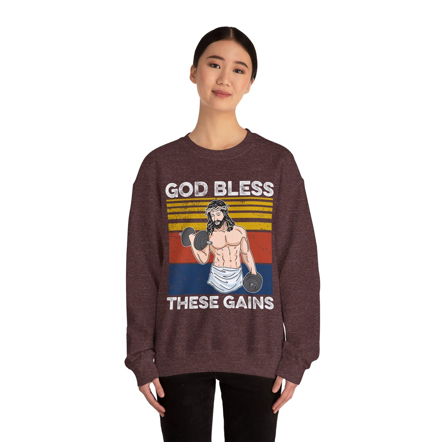 Fitness Enthusiast Crewneck Sweatshirt, God Bless These Gains, Unisex Workout Apparel, Funny Gym Sweatshirt, Gift for Him/Her, Relaxed Style