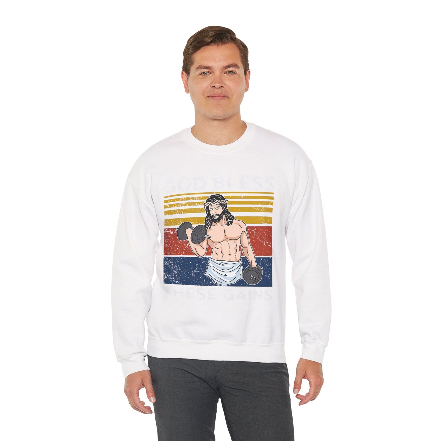 Fitness Enthusiast Crewneck Sweatshirt, God Bless These Gains, Unisex Workout Apparel, Funny Gym Sweatshirt, Gift for Him/Her, Relaxed Style