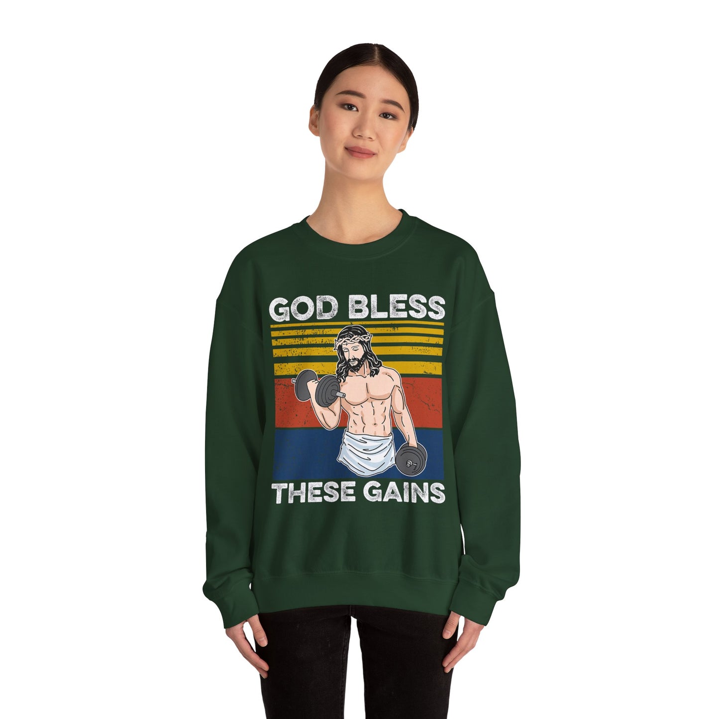 Fitness Enthusiast Crewneck Sweatshirt, God Bless These Gains, Unisex Workout Apparel, Funny Gym Sweatshirt, Gift for Him/Her, Relaxed Style