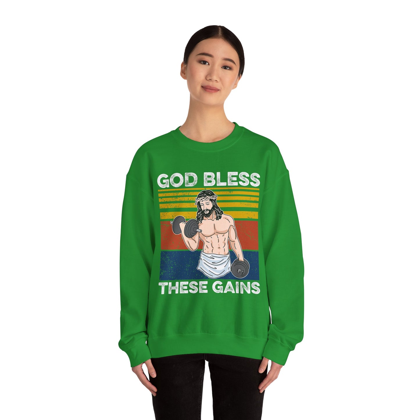Fitness Enthusiast Crewneck Sweatshirt, God Bless These Gains, Unisex Workout Apparel, Funny Gym Sweatshirt, Gift for Him/Her, Relaxed Style