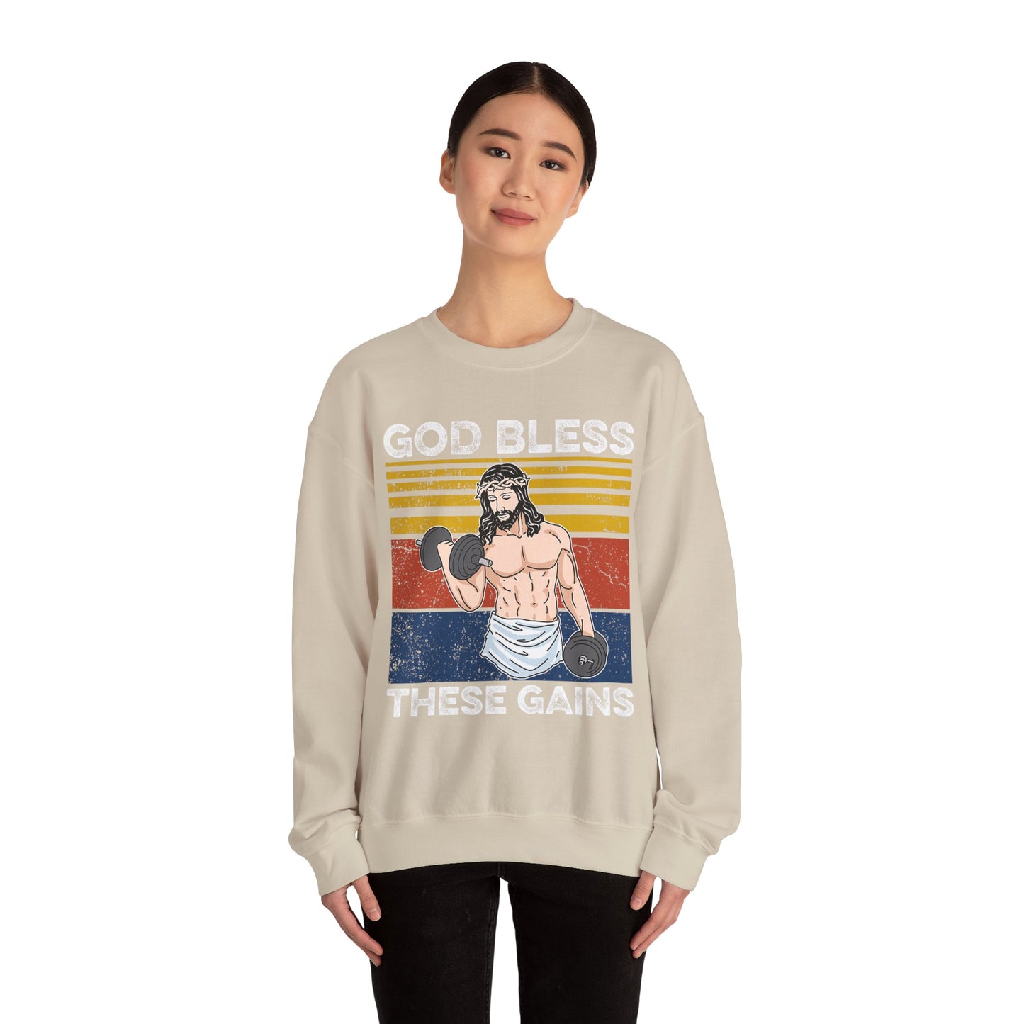 Fitness Enthusiast Crewneck Sweatshirt, God Bless These Gains, Unisex Workout Apparel, Funny Gym Sweatshirt, Gift for Him/Her, Relaxed Style