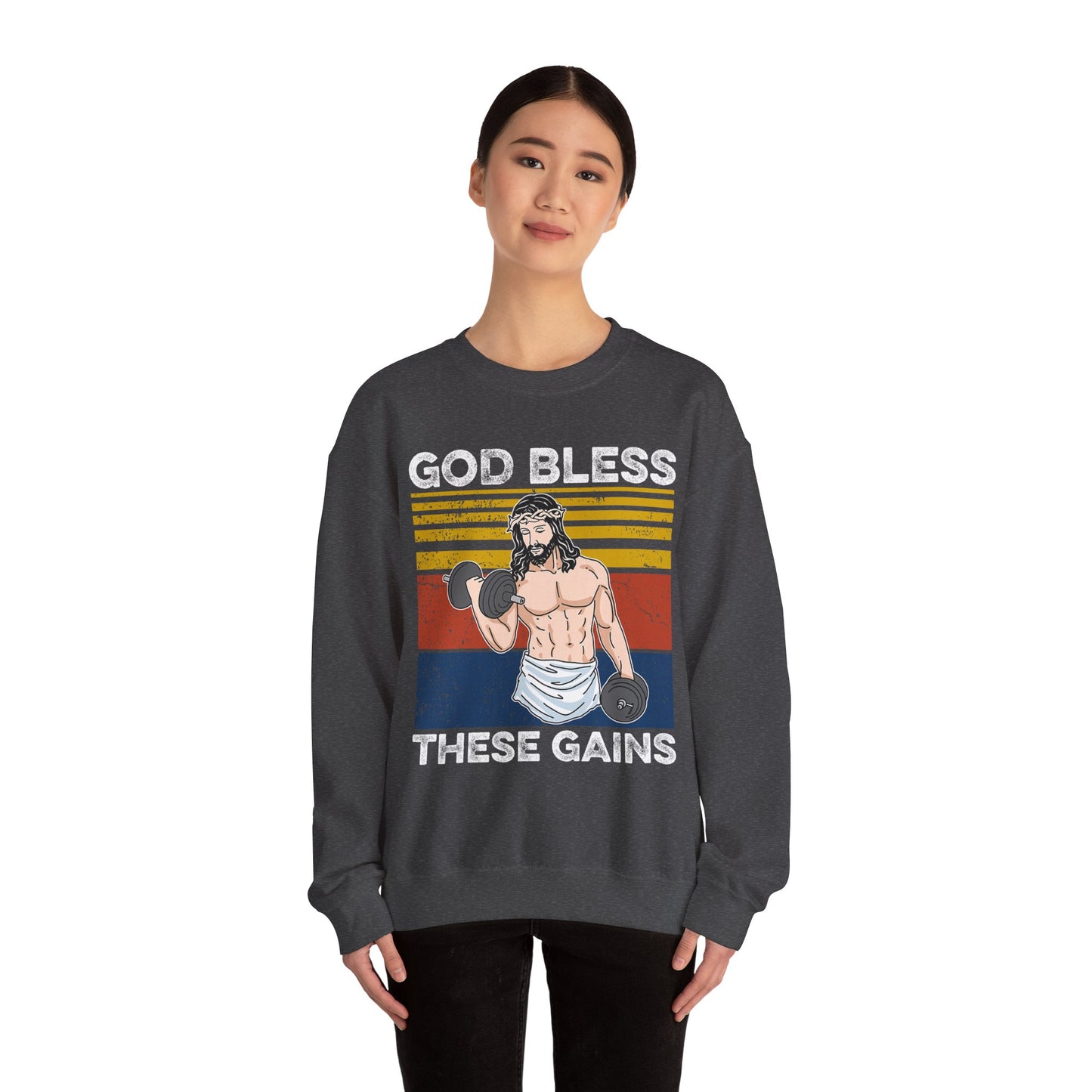 Fitness Enthusiast Crewneck Sweatshirt, God Bless These Gains, Unisex Workout Apparel, Funny Gym Sweatshirt, Gift for Him/Her, Relaxed Style