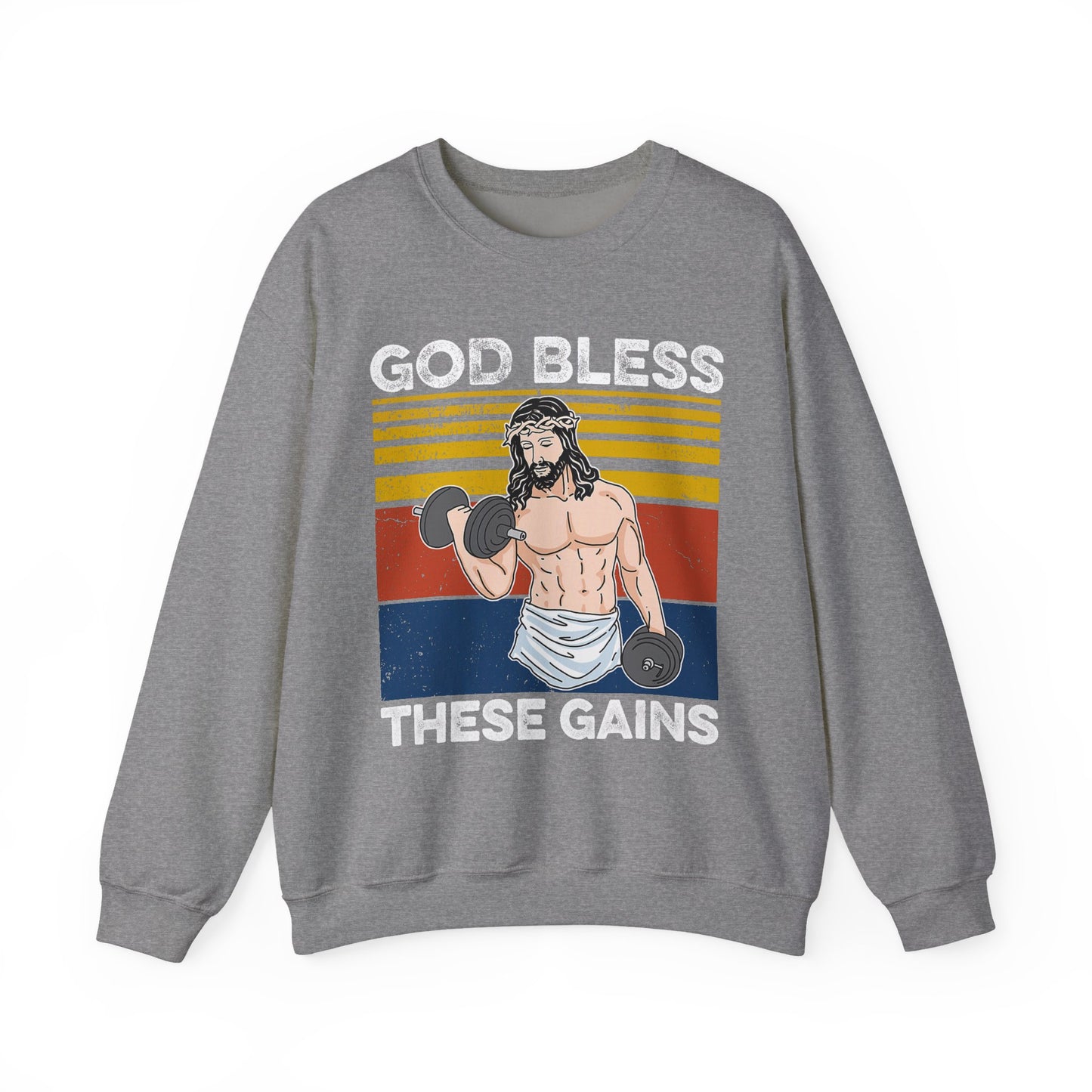 Fitness Enthusiast Crewneck Sweatshirt, God Bless These Gains, Unisex Workout Apparel, Funny Gym Sweatshirt, Gift for Him/Her, Relaxed Style