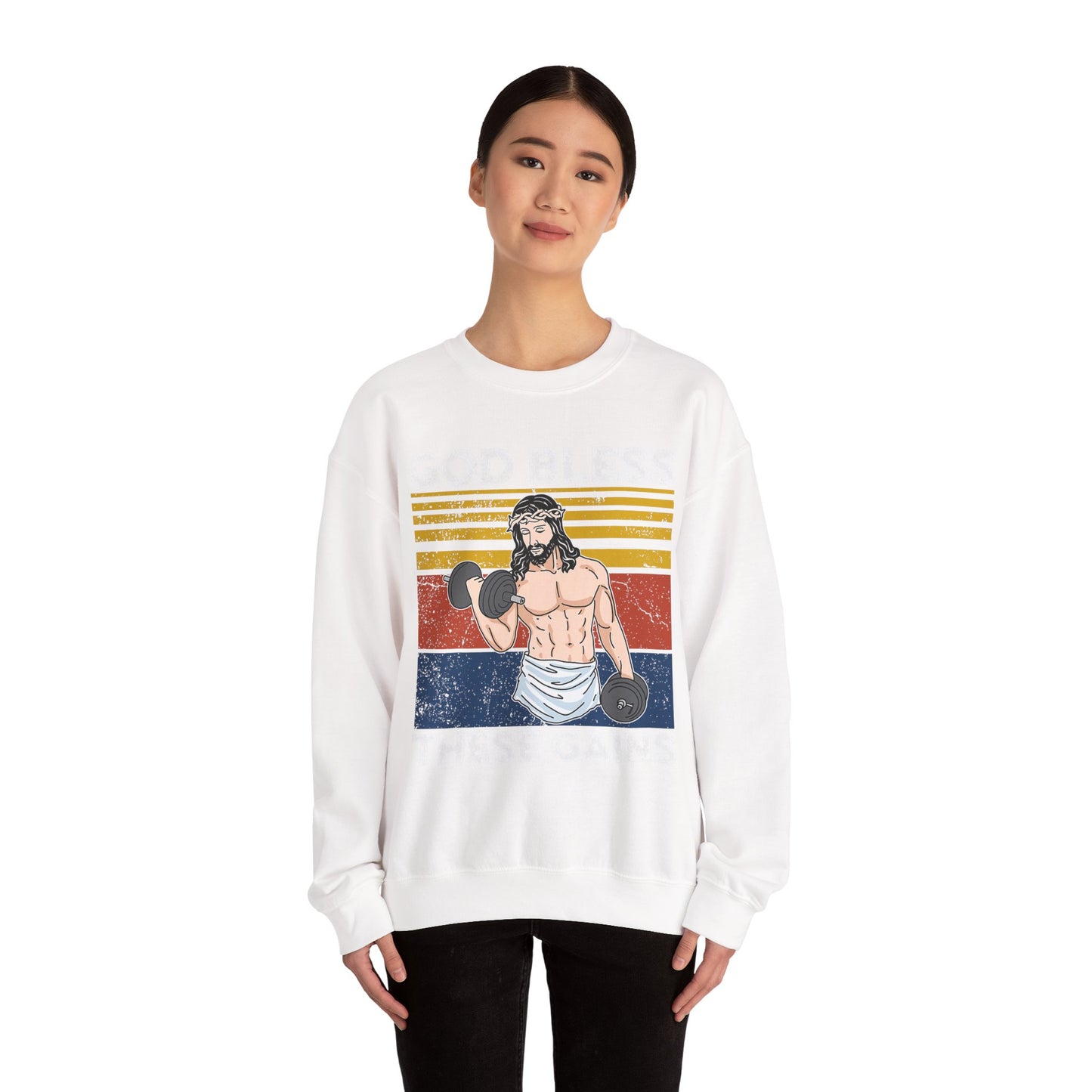 Fitness Enthusiast Crewneck Sweatshirt, God Bless These Gains, Unisex Workout Apparel, Funny Gym Sweatshirt, Gift for Him/Her, Relaxed Style