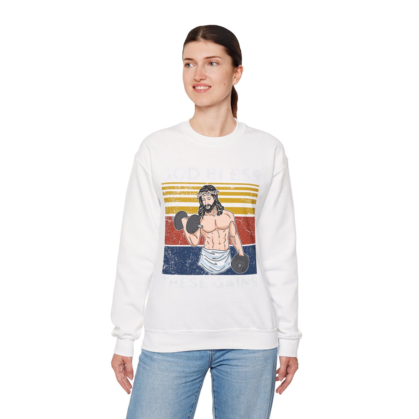 Fitness Enthusiast Crewneck Sweatshirt, God Bless These Gains, Unisex Workout Apparel, Funny Gym Sweatshirt, Gift for Him/Her, Relaxed Style