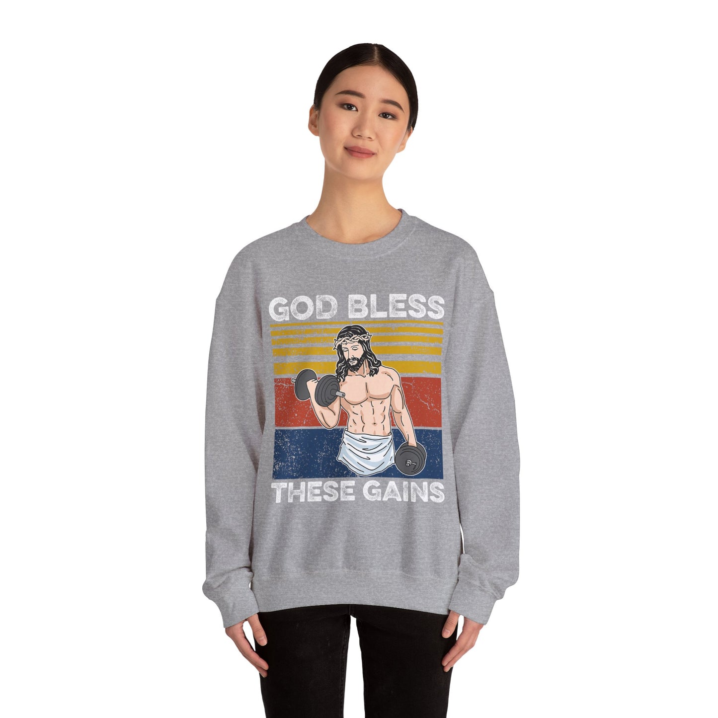Fitness Enthusiast Crewneck Sweatshirt, God Bless These Gains, Unisex Workout Apparel, Funny Gym Sweatshirt, Gift for Him/Her, Relaxed Style
