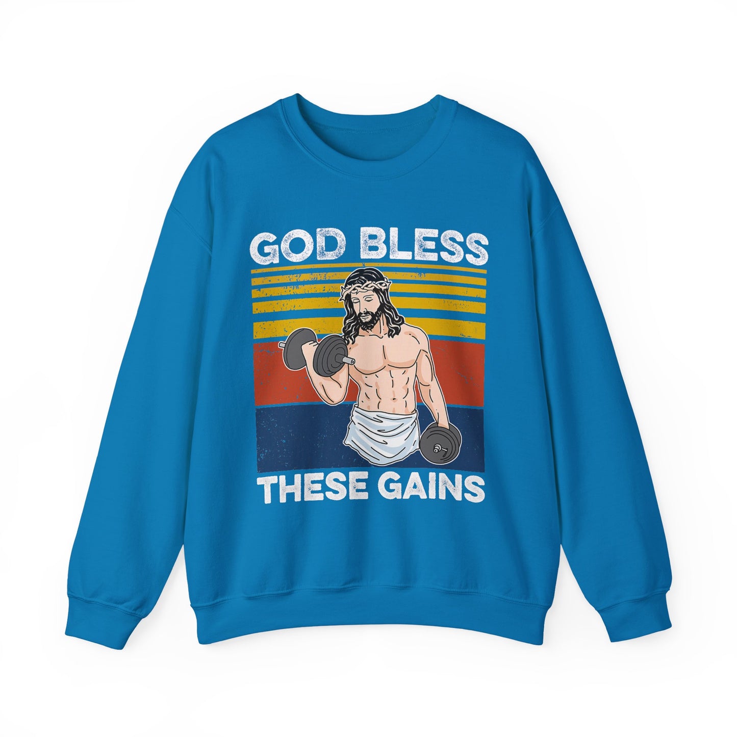 Fitness Enthusiast Crewneck Sweatshirt, God Bless These Gains, Unisex Workout Apparel, Funny Gym Sweatshirt, Gift for Him/Her, Relaxed Style