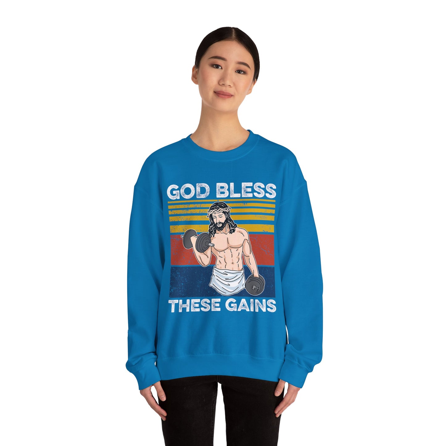 Fitness Enthusiast Crewneck Sweatshirt, God Bless These Gains, Unisex Workout Apparel, Funny Gym Sweatshirt, Gift for Him/Her, Relaxed Style