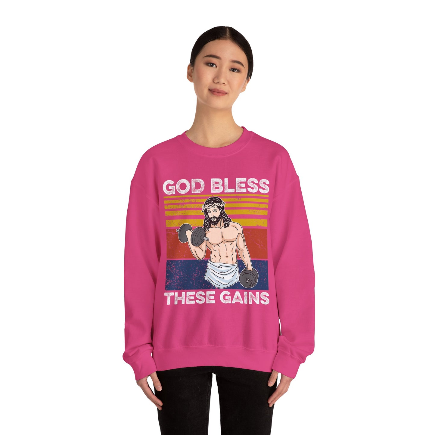 Fitness Enthusiast Crewneck Sweatshirt, God Bless These Gains, Unisex Workout Apparel, Funny Gym Sweatshirt, Gift for Him/Her, Relaxed Style