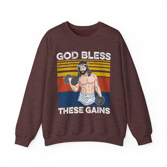 Fitness Enthusiast Crewneck Sweatshirt, God Bless These Gains, Unisex Workout Apparel, Funny Gym Sweatshirt, Gift for Him/Her, Relaxed Style