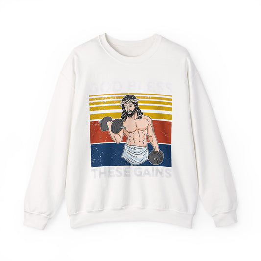 Fitness Enthusiast Crewneck Sweatshirt, God Bless These Gains, Unisex Workout Apparel, Funny Gym Sweatshirt, Gift for Him/Her, Relaxed Style